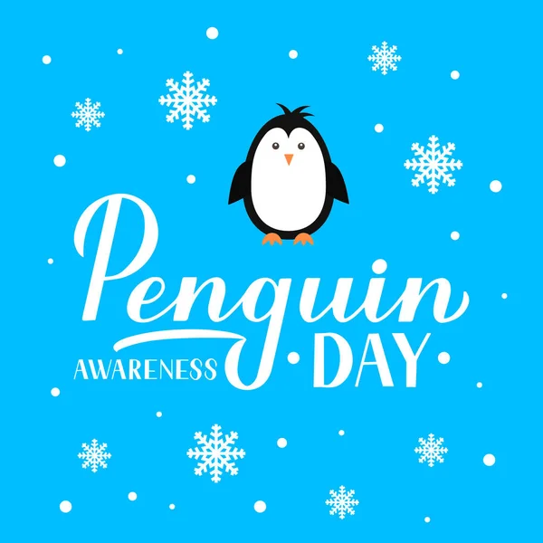 企鹅意识日：用雪花和可爱的卡通画写着字母 — 图库矢量图片
