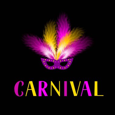 Maskeli karnaval harfleri ve siyah sırtında renkli tüy.