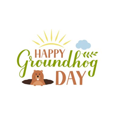 Happy Groundhog Day calligraphy hand lettering with cute cartoon groundhog isolated on white. Easy to edit vector template for greeting card, typography poster, banner, flyer, sticker, etc. clipart