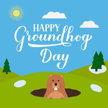 Groundhog Day vector illustration with modern calligraphy hand lettering and cute cartoon groundhog. Easy to edit template for typography poster, greeting card, banner, flyer, postcard, etc. clipart