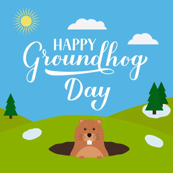 Groundhog Day vector illustration with modern calligraphy hand lettering and cute cartoon groundhog. Easy to edit template for typography poster, greeting card, banner, flyer, postcard, etc. — 스톡 벡터