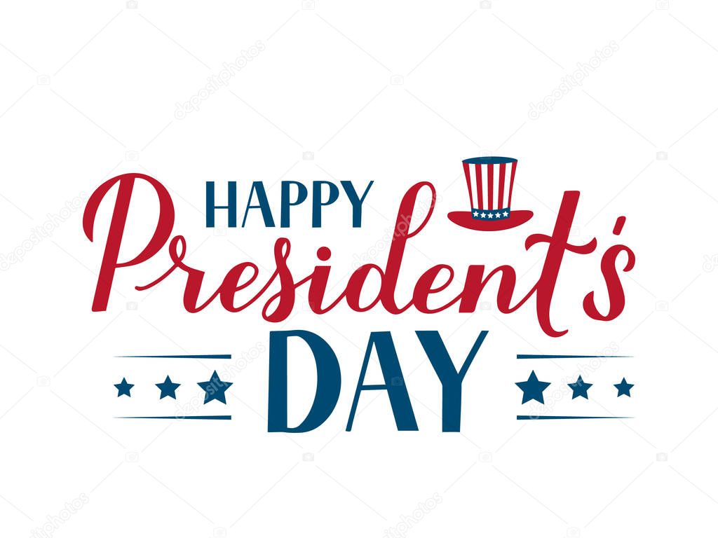 Happy Presidents Day calligraphy lettering isolated on white. American patriotic typography poster. Vector illustration. Easy to edit template for logo design, banner, greeting card, postcard, flyer.