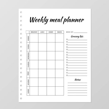 Haftalık yemek planlama şablonu. Boş beyaz defter sayfası izole edildi