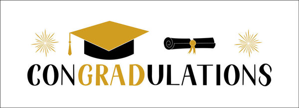 ConGRADutations lettering with graduation hat isolated on white.