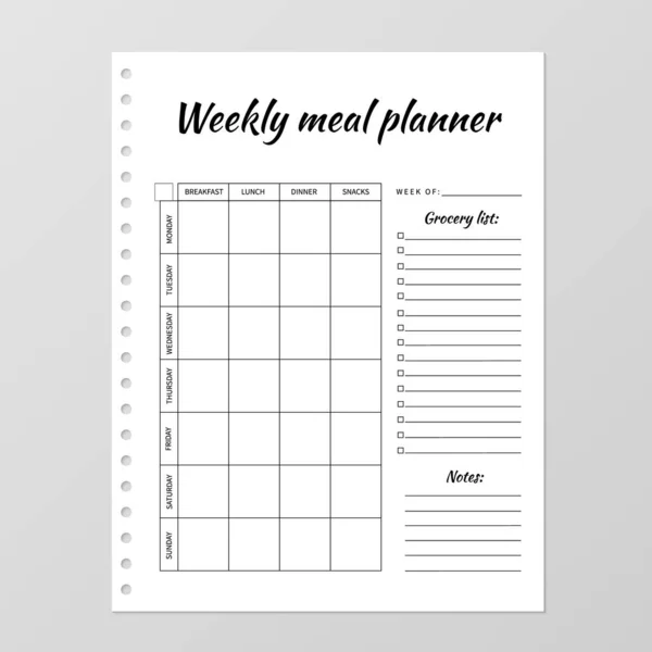 Tygodniowy szablon planera posiłków. Pusta biała strona notebooka izolowana — Wektor stockowy