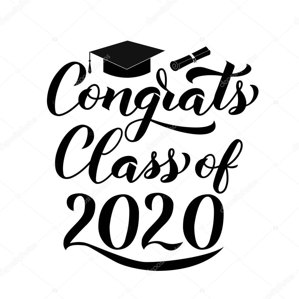 Congrats Class of 2020 lettering with graduation hat isolated on white. Congratulations to graduates typography poster. Vector template for greeting card, banner, sticker, label, t-shirt, etc.