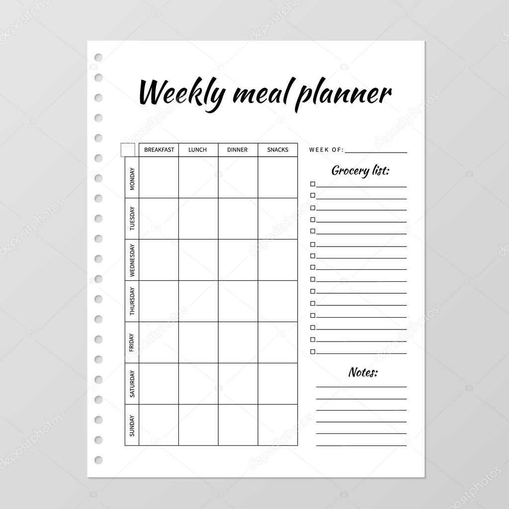 Weekly meal planner template. Blank white notebook page isolated
