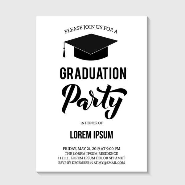 Graduation party invitation card template. Black and white grad party invite. Graduation celebration announcement. Vector illustration. — Stock Vector