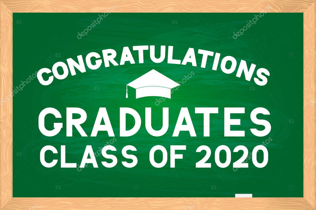 Congratulations to graduates class of 2020 lettering on green chalkboard with wooden frame. Easy to edit vector template for typography poster, greeting card, banner, sticker, label, t-shirt, etc.
