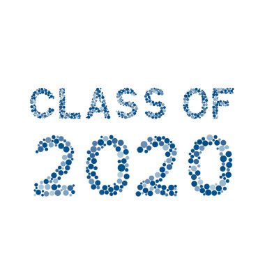2020 sınıfı beyaz üzerine izole edilmiş mavi noktalardan yapılmış harfler. Eksi