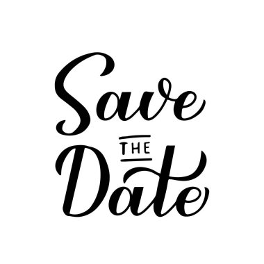 Beyaz üzerine izole edilmiş el yazısı harflerini kaydet. Düğün, doğum günü, yıldönümü, davetiye kartı ya da duyuru için zarif bir tasarım. Vektör illüstrasyonu.