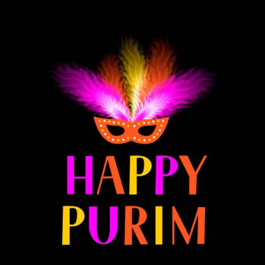 İyi Purim harfleri ve siyah arka planda tüyleri olan maske. Geleneksel Yahudi karnaval posteri. Maskeli balo daveti, tebrik kartı, afiş, el ilanı için vektör şablonu.