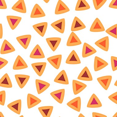 Hamantaschen kusursuz desen. Geleneksel Yahudi tatlıları Hamantaschen kurabiyeleri. İsrail Karnavalı Purim vektör arkaplan illüstrasyonu. 
