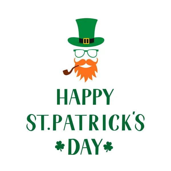 Happy Patrick Day Lettering Cartoon Icon Leprechaun Green Hat Mustache — стоковый вектор