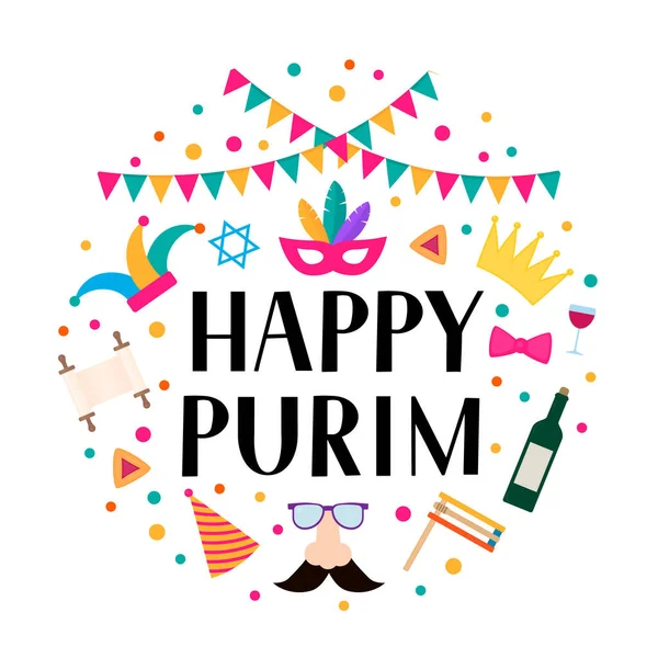 快乐Purim圆圈标签与字母 道具和传统的犹太符号Hamantaschen饼干 百万以太 葡萄酒 狂欢节病媒说明 — 图库矢量图片