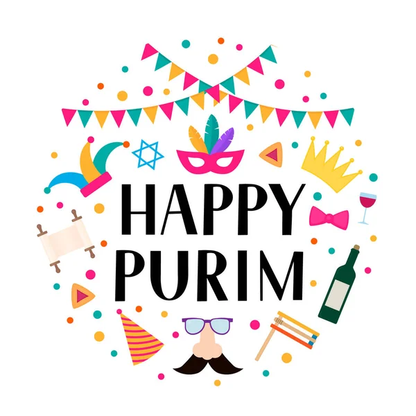 Happy Purim Kruhový Štítek Nápisy Rekvizitami Tradičními Židovskými Symboly Hamantaschen — Stockový vektor