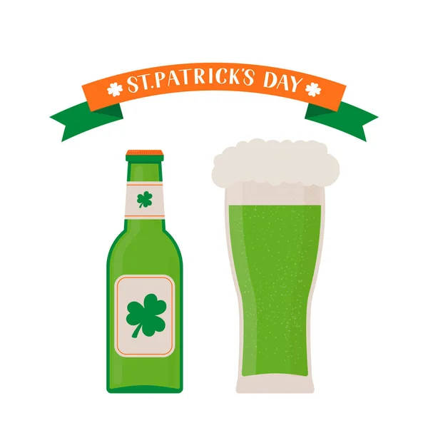 Glas Und Flasche Mit Grünem Bier Isoliert Auf Weiß Patrick — Stockvektor
