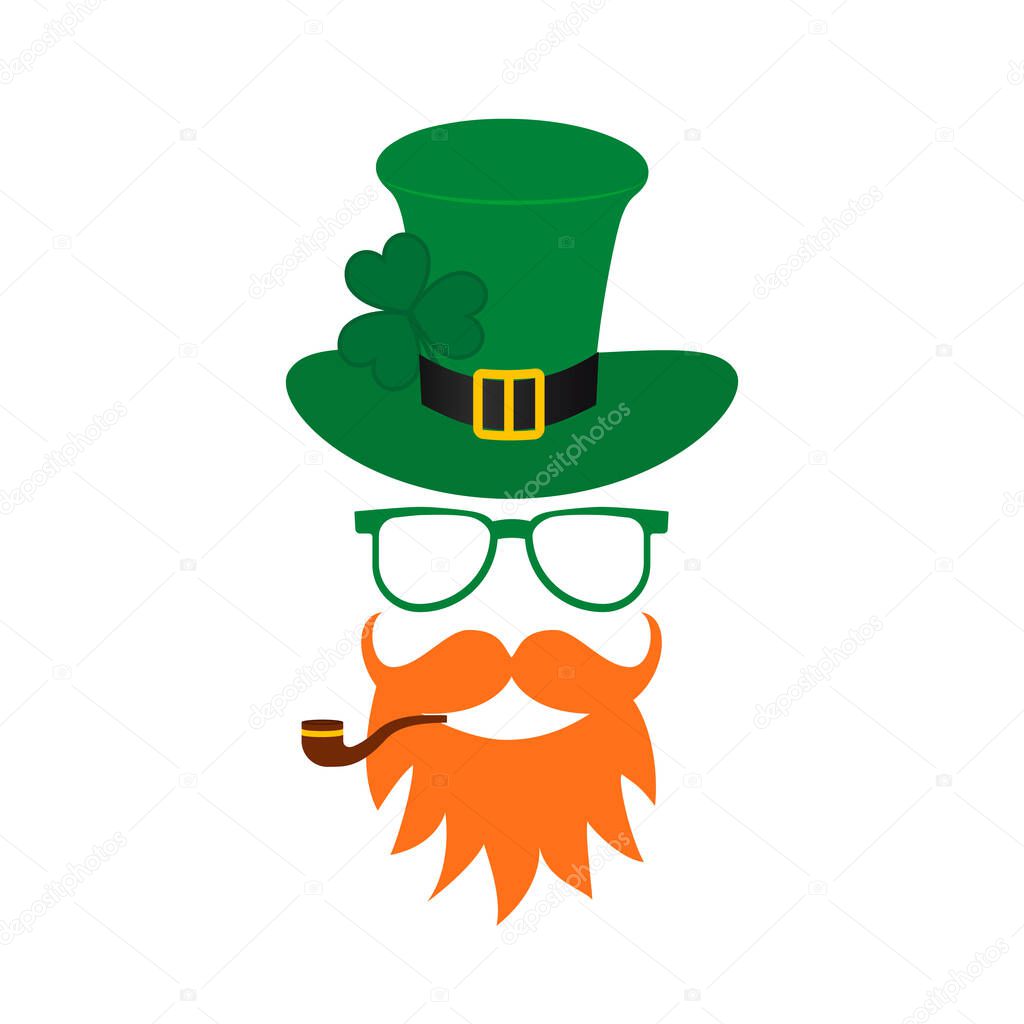 St. Patrick s day Leprechaun cartoon icon with green hat, mustache, red beard, pipe and leaf of shamrock or clover isolated on white. Template for Patricks day greeting card banner, poster, flyer, etc