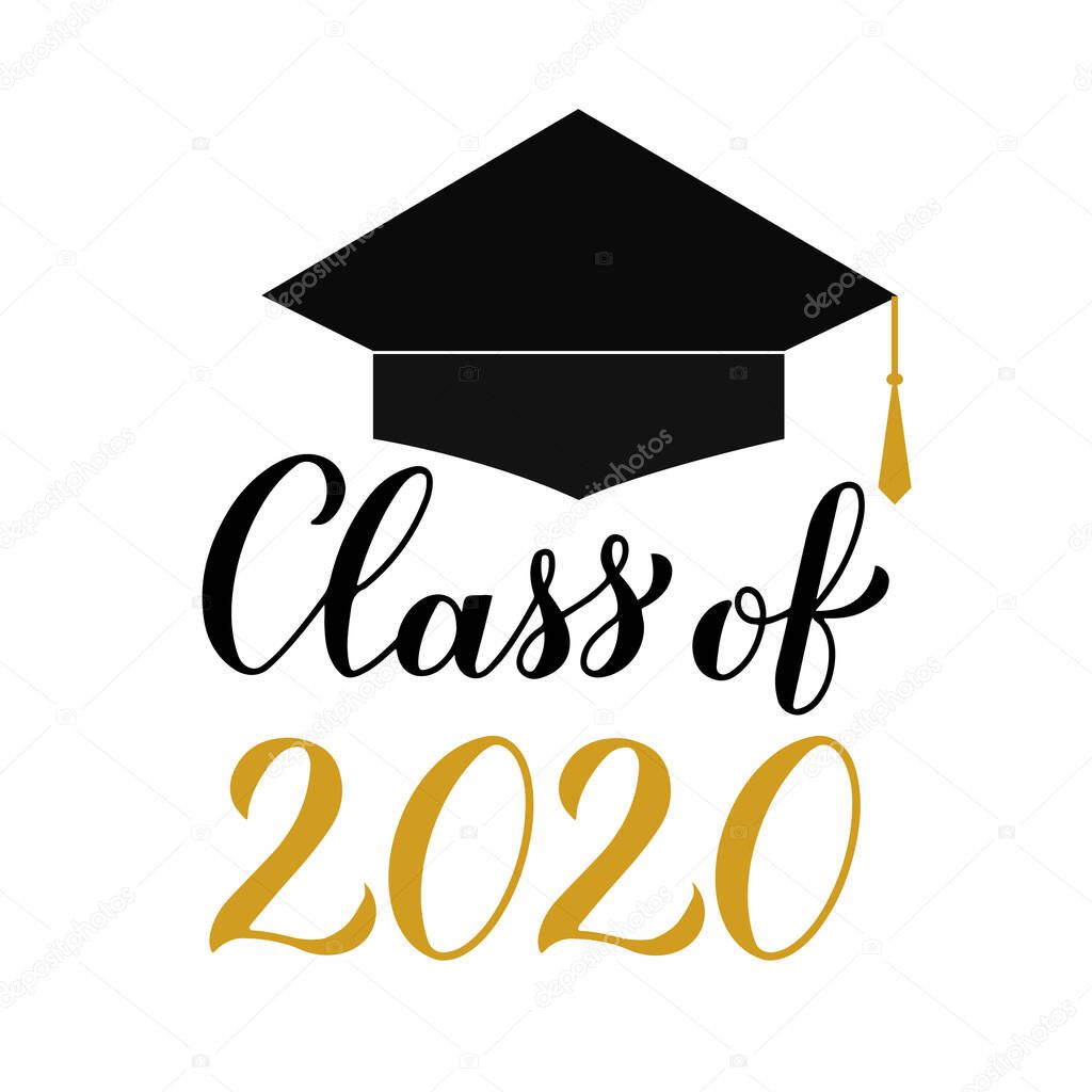 Class of 2020 modern calligraphy lettering with graduation cap. Congratulations to graduates typography poster. Easy to edit vector template for greeting card, banner, sticker, label, t-shirt, etc.