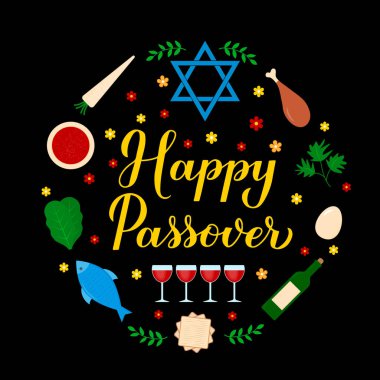 Geleneksel sembollü Hamursuz Bayramı el yazın kutlu olsun. Yahudi bayram çemberi etiketi. Tipografi posteri, tebrik kartı, afiş, davetiye, kartpostal, broşür vs. için vektör şablonu.