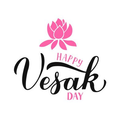 Mutlu Vesak Günü el yazmaları ve beyaza izole edilmiş nilüfer çiçekleri. Budist bayram tipografi posteri. Tebrik kartı, afiş, broşür, etiket ve tişört için vektör şablonunu düzenlemek kolay.