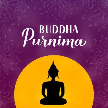 Buddha Purnima el yazısı, Buda 'nın silueti. Budist bayramı Vesak tipografi posteri. Tebrik kartı, afiş, el ilanı, kartpostal vs. için vektör şablonu.