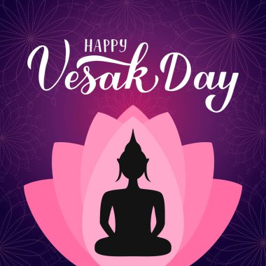 Vesak Günü 'n kutlu olsun el yazısı harfleri. Nilüfer çiçeği ve Buda 'nın silueti. Budist bayram tipografi posteri. Tebrik kartı, afiş, broşür ve tişört için vektör şablonunu düzenlemek kolay.