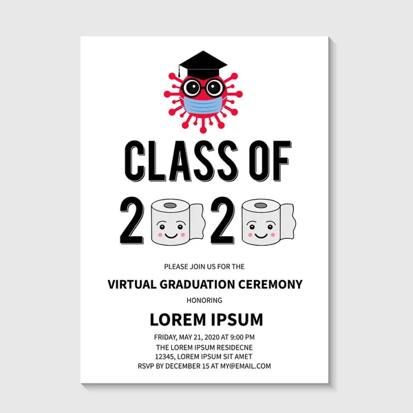 Virtual Graduation Ceremony Class 2020 Vector Invitation Cartoon Virus Wearing — Stock Vector