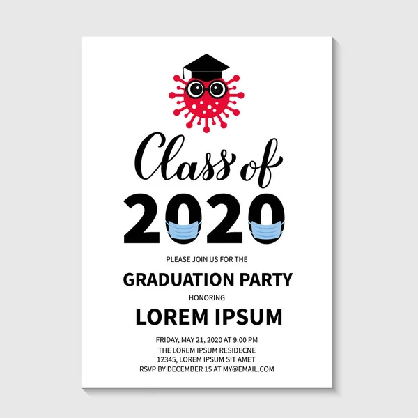 Class 2020 Graduation Party Invitation Card Cute Cartoon Coronavirus Wearing — Stock Vector