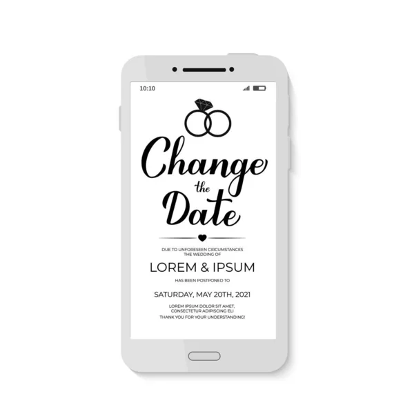 Wijzig Datum Uitstel Aankondiging Het Scherm Van Smartphone Uitgestelde Bruiloft — Stockvector