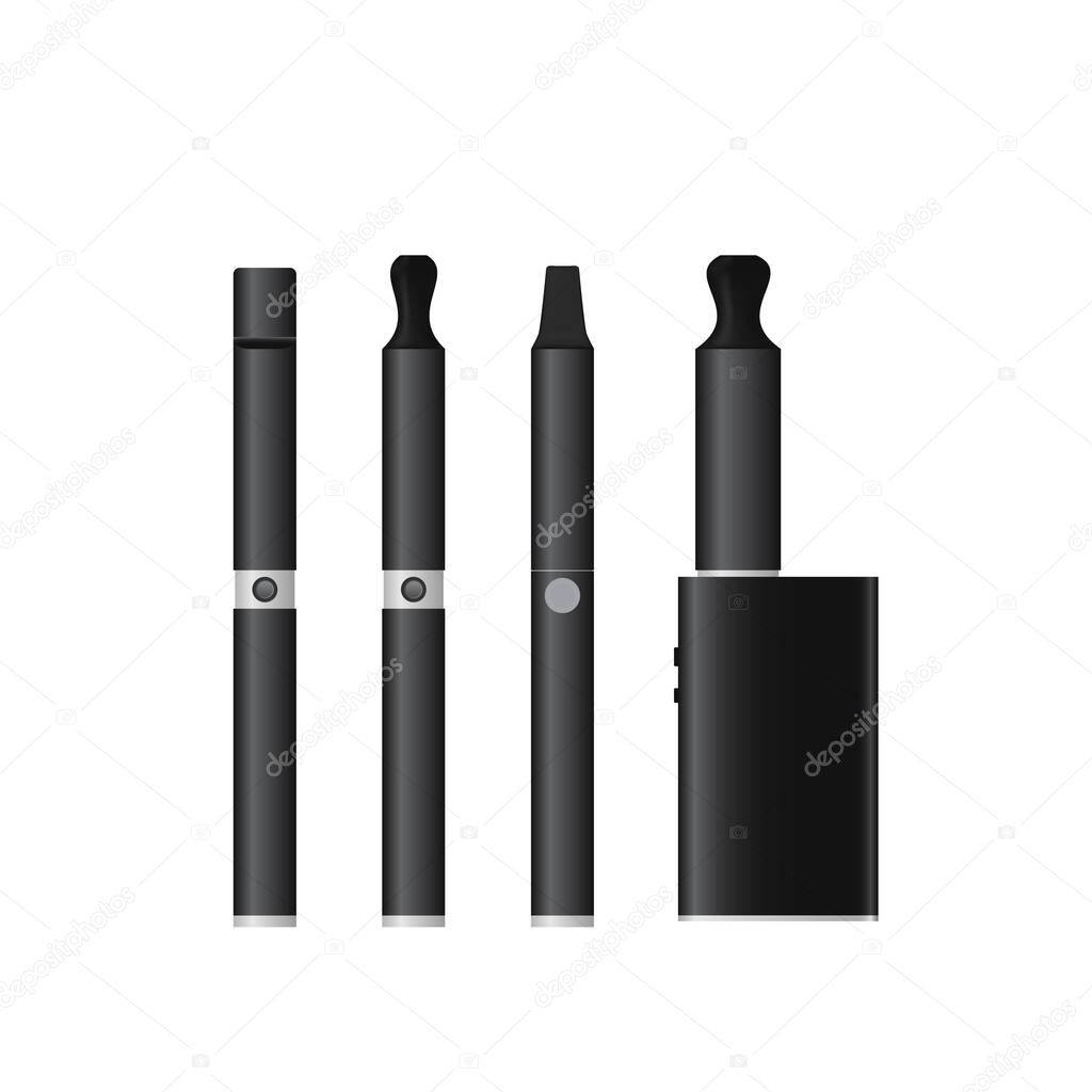 Electronic cigarettes or Vape Pen and mod vector set. Realistic vaping devices. E-cigarettes isolated on white. Tobacco withdrawal and Give up smoking concept.