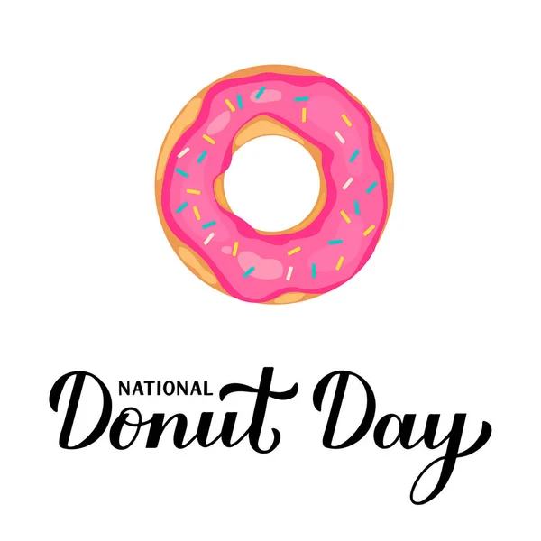 National Donut Day Calligraphy Lettering Doughnut Isolated White Vector Template — Stock Vector