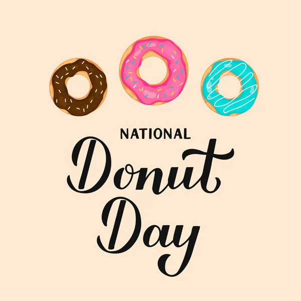 National Donut Day Calligraphy Lettering Doughnuts Vector Template Typography Poster — Stock Vector