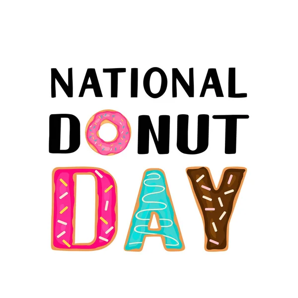 National Donut Day Calligraphy Lettering Doughnuts Isolated White Vector Template — Stock Vector