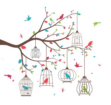 Kuşlar ve birdcages ile renkli ağaç