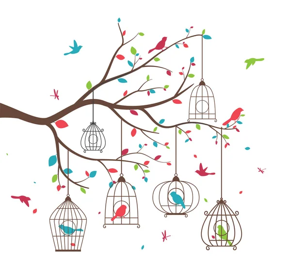 Colorful tree with birds and birdcages — Stock Vector