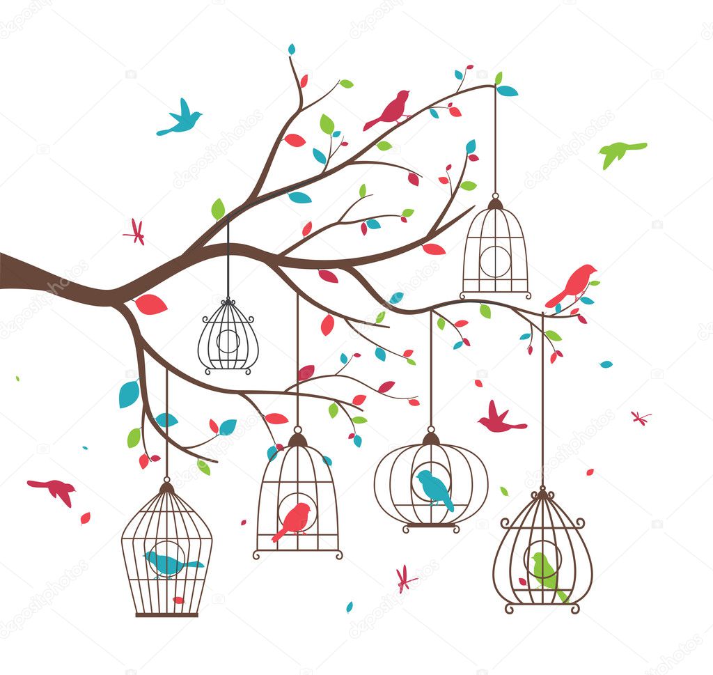 Albero variopinto con uccelli e voliere — Vettoriale Stock