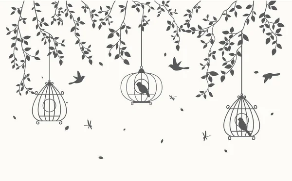 Arbre avec oiseaux et cages à oiseaux — Image vectorielle