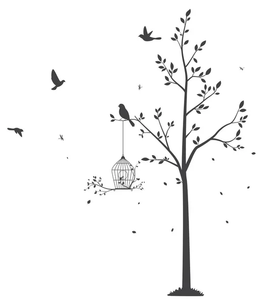 Pájaros en la ilustración del árbol — Vector de stock