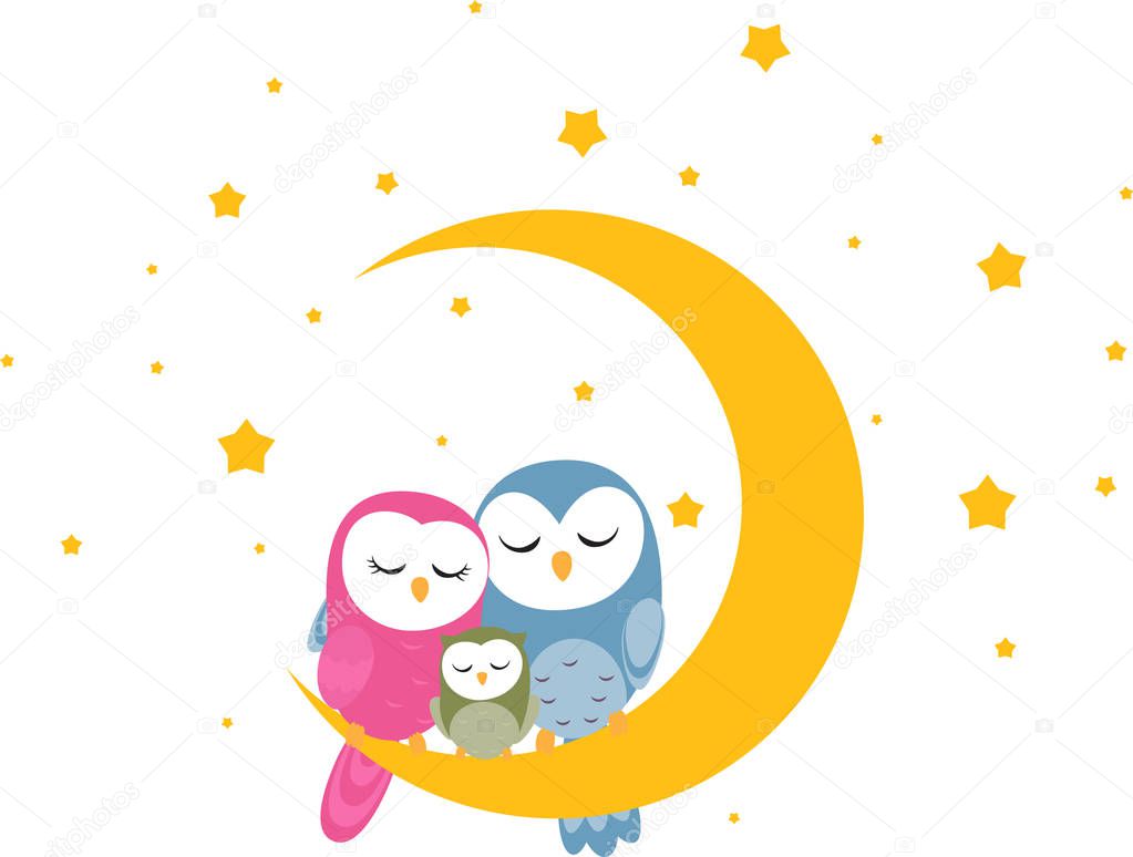 owl family sitting on moon