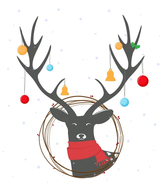 Christmas deer with wreath — Stock Vector
