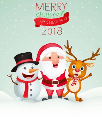 Noel Baba, kardan adam ve Ren geyiği ile vektör Merry Christmas illüstrasyon arka plan