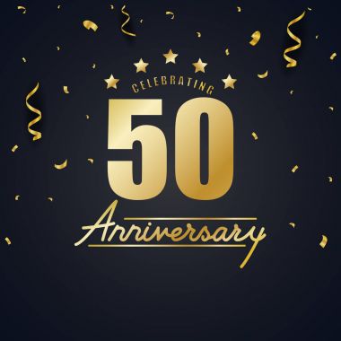 Altın harflerle, yıldız ve siyah arka plan üzerine konfeti ile 50 yıl yıldönümü poster kutluyor.