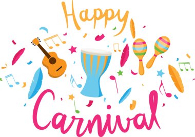 Notlar, tüyler, gitar, yıldız, marakas ve beyaz arka plan üzerinde izole djembe mutlu carnival poster.