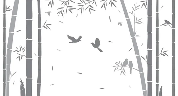 Silhouette Monocrome Uccelli Tra Bambù — Vettoriale Stock