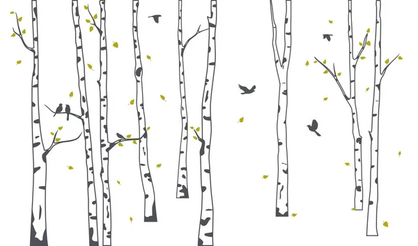 Silhuetas Monocromáticas Aves Entre Árvores — Vetor de Stock