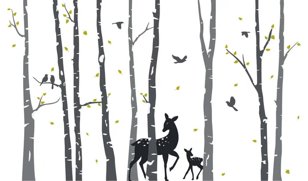 鳥と木の鹿のモノクロ シルエット — ストックベクタ