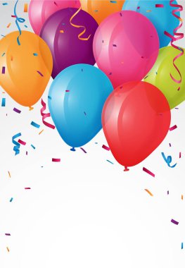 Doğum günü kartı arka plan renkli vektör Illustration. Renkli bayraklar, balonlar ve beyaz zemin üzerine konfeti çerçeve yaptı