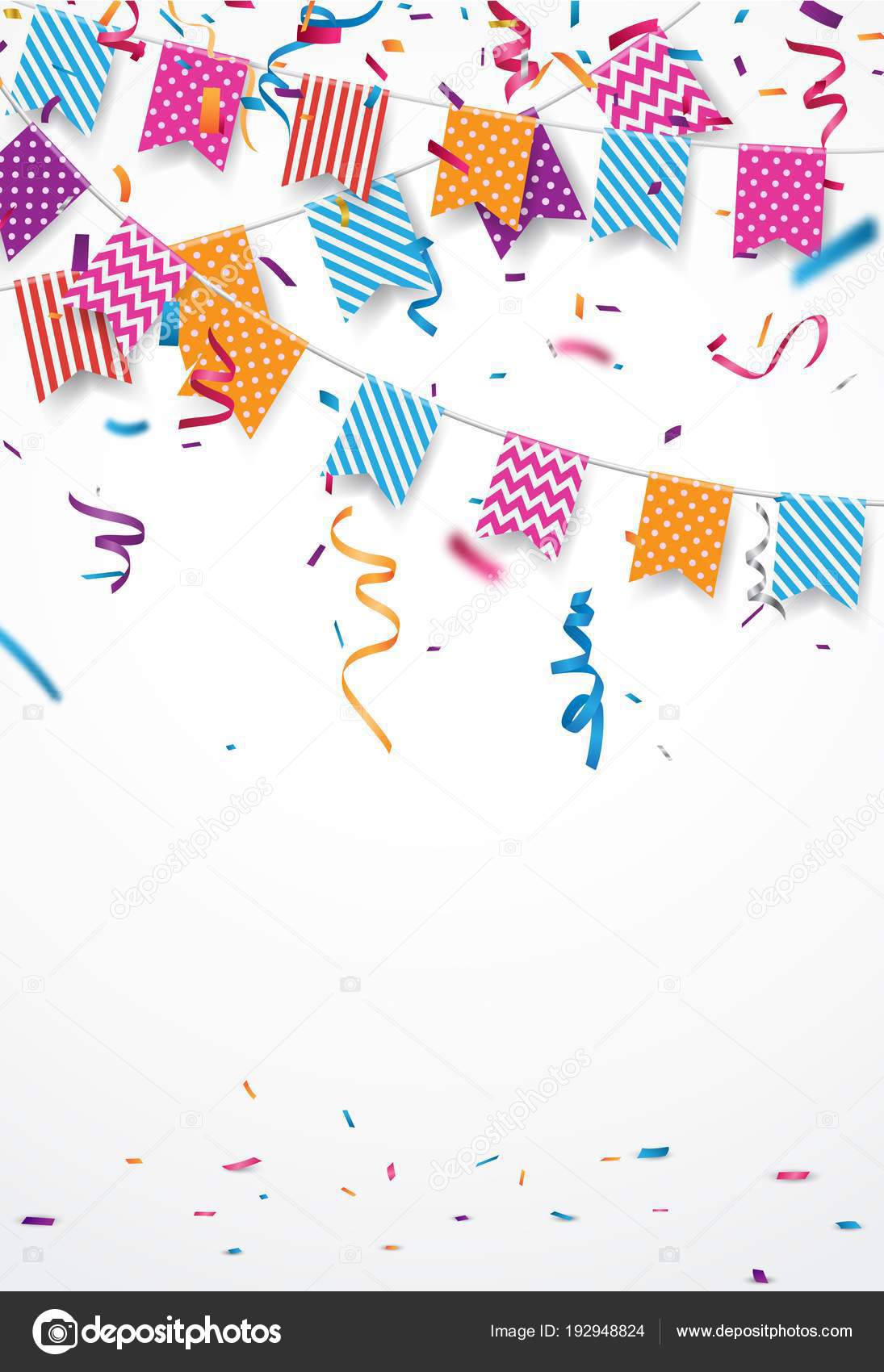 Colorful vector illustration of Birthday card background. Border of colorful flags and confetti on white background with copy space 8 Colorful vector illustration of Birthday card background. Border of colorful flags and confetti on white background with copy space 8