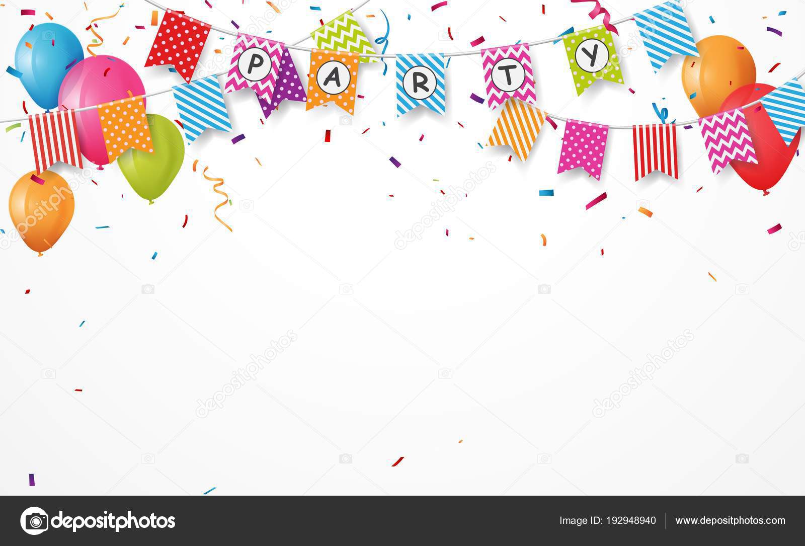 Colorful vector illustration of Birthday card background. Border made of colorful flags, balloons and confetti on white background 8 Colorful vector illustration of Birthday card background. Border made of colorful flags, balloons and confetti on white background 8